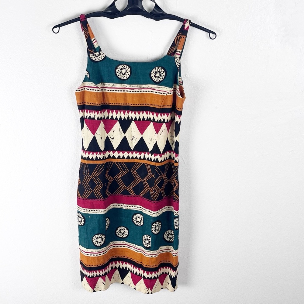 ANDREA JOVINE 100% Linen Multicolored Geometric Print Lined Dress Size 2 Casual